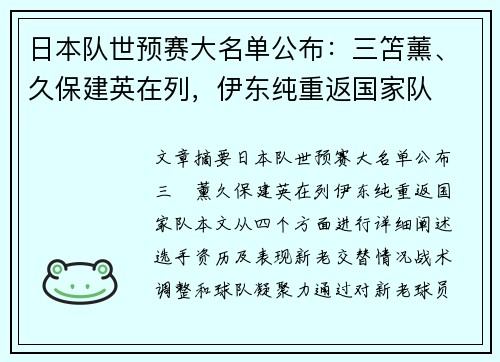 日本队世预赛大名单公布：三笘薰、久保建英在列，伊东纯重返国家队
